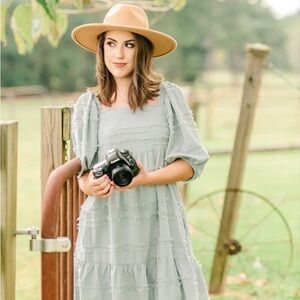 Listicle Green Tiered Boho Dress with Puff Sleeves
